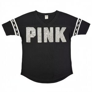 VS Pink Womens XS-M (Pit 20") Sporty Tee Black Sequins Logo Sleeve Stripes